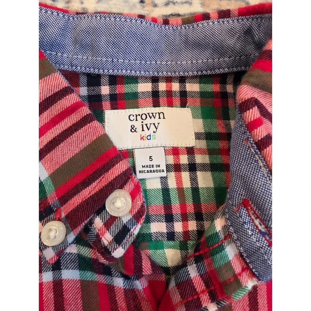 Crown‎ & Ivy 5 Plaid Red Green Navy Long Sleeve Button Down Shirt 100% Cotton